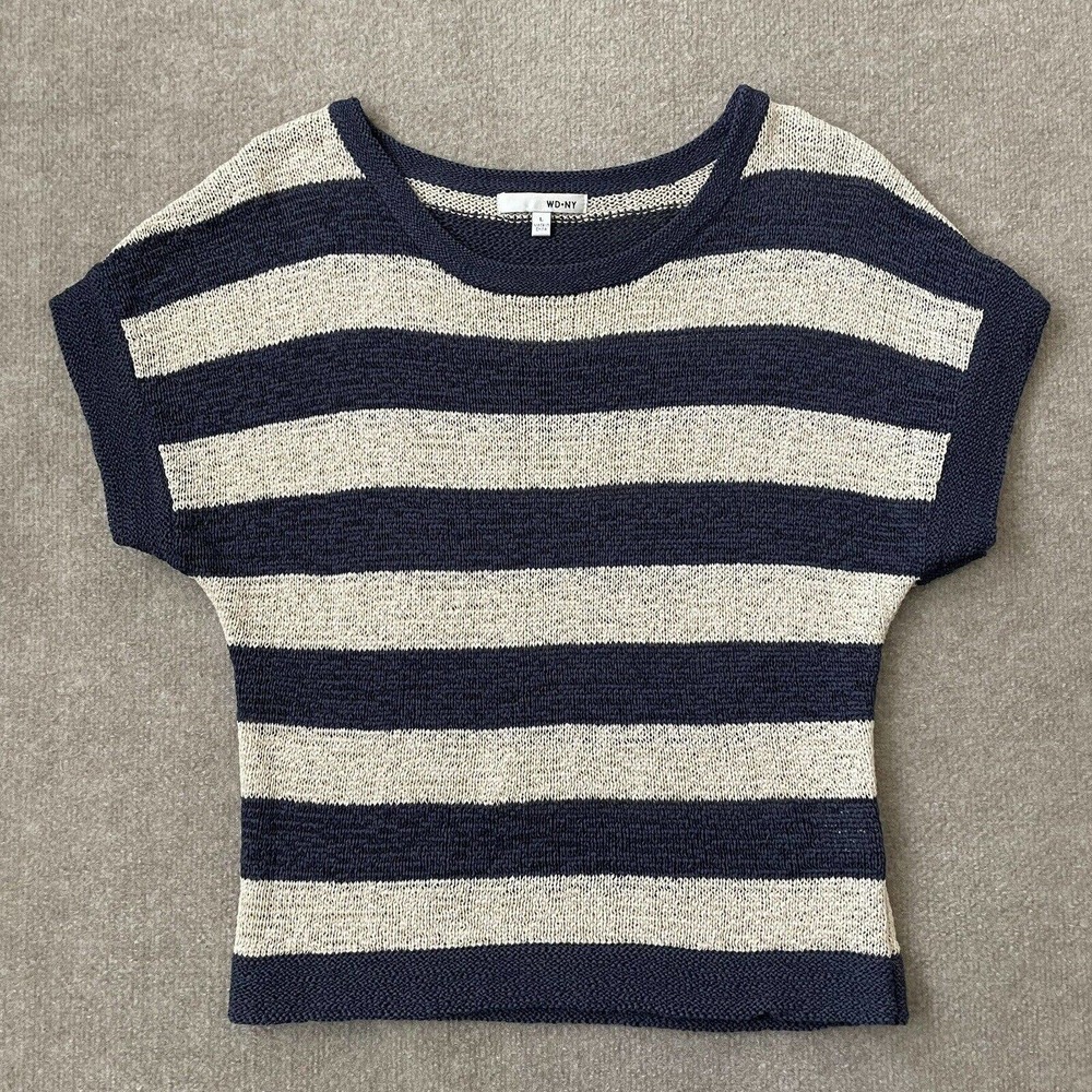 WD NY Sweater Womens Large Blue Cream Striped Lightweight Loose Knit Casual